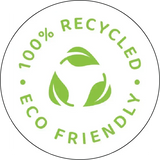 Circular logo with '100% Recycled Eco Friendly' text and leaf symbols on a white background