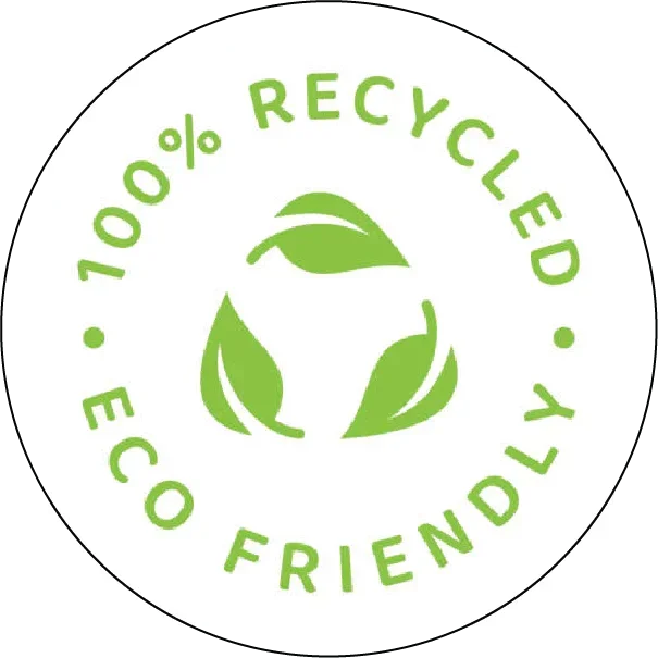 Circular logo with '100% Recycled Eco Friendly' text and leaf symbols on a white background