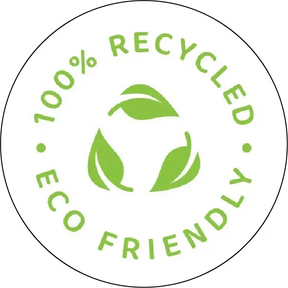 Circular logo with '100% Recycled Eco Friendly' text and leaf symbols on a white background