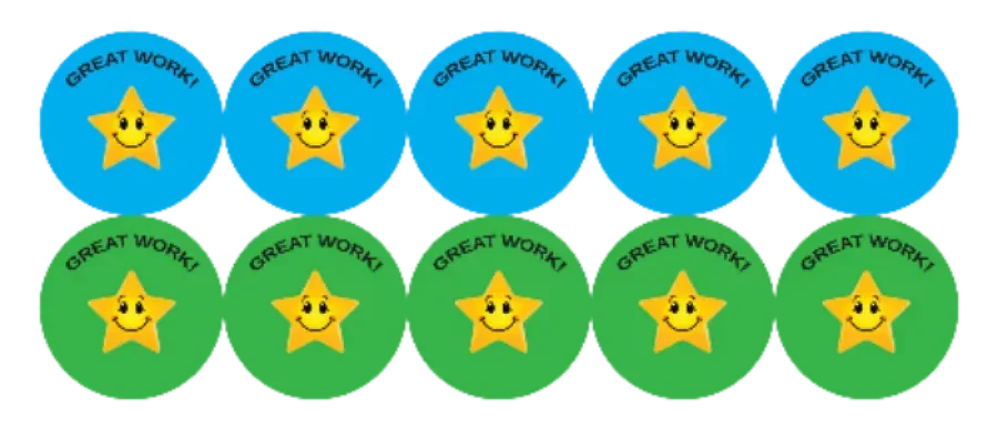 Set of blue and green stickers with smiling stars and 'Great Work!' text.