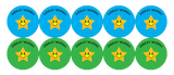 Set of blue and green stickers with smiling stars and 'Great Work!' text.
