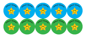 Set of blue and green stickers with smiling stars and 'Great Work!' text.