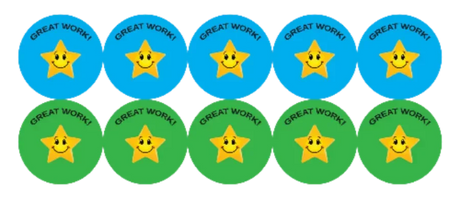 Set of blue and green stickers with smiling stars and 'Great Work!' text.