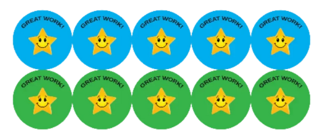 Set of blue and green stickers with smiling stars and 'Great Work!' text.