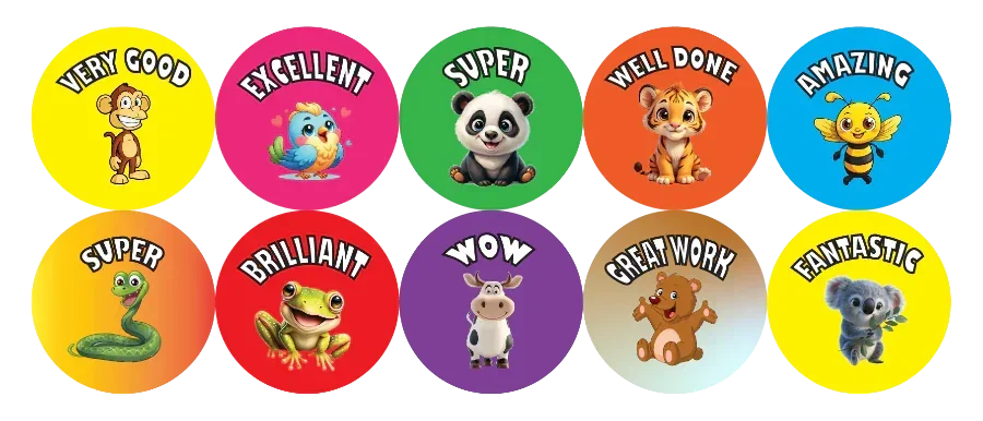 Set of colorful stickers with animal characters and encouraging phrases