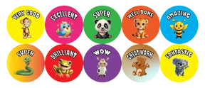 Set of colorful stickers with animal characters and encouraging phrases