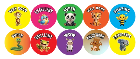 Set of colorful stickers with animal characters and encouraging phrases