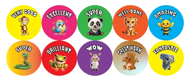 Set of colorful stickers with animal characters and encouraging phrases
