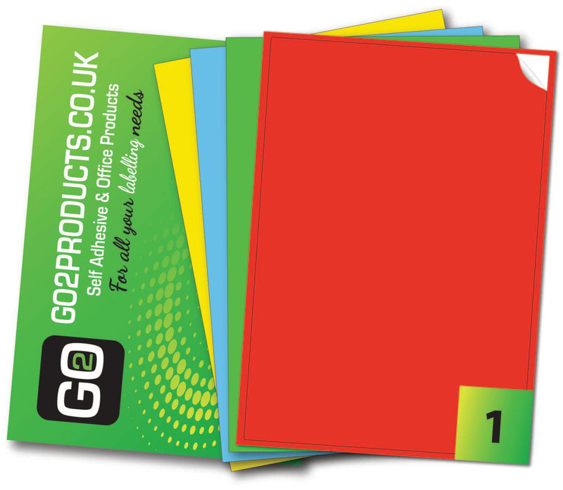 1 Coloured Label per sheet with permanent adhesive, choose from Blue, Green, Red or Yellow which are all suitable for Inkjet & Laser printers, photocopiers or handwriting.