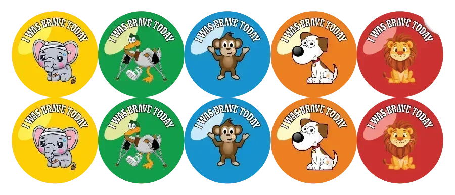 Set of colorful stickers with animal characters and 'I was brave today' text on a white background.
