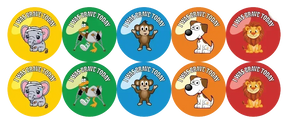 Set of colorful stickers with animal characters and 'I was brave today' text on a white background.