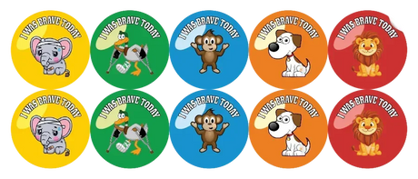 Set of colorful stickers with animal characters and 'I was brave today' text on a white background.