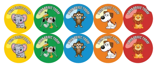 Set of colorful stickers with animal characters and 'I was brave today' text on a white background.