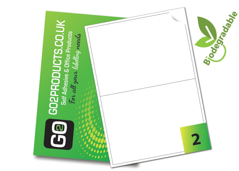 2 Eco-Friendly Biodegradable premium sticky labels with a permanent adhesive, suitable for Inkjet & Laser printers, photocopiers or handwriting. 