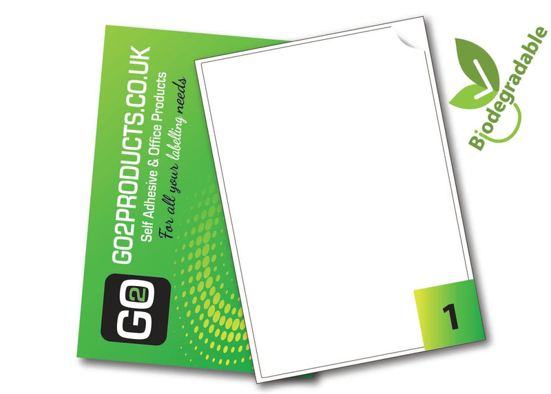 1 Eco-Friendly Biodegradable premium sticky label with a permanent adhesive, suitable for Inkjet & Laser printers, photocopiers or handwriting. 