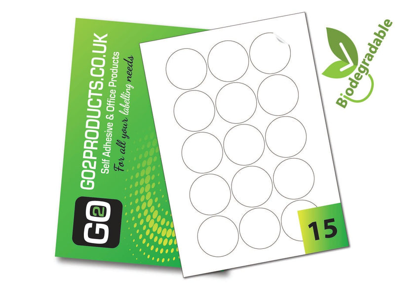 15 Eco-Friendly Round Biodegradable premium sticky labels with a permanent adhesive, suitable for Inkjet & Laser printers, photocopiers or handwriting. 