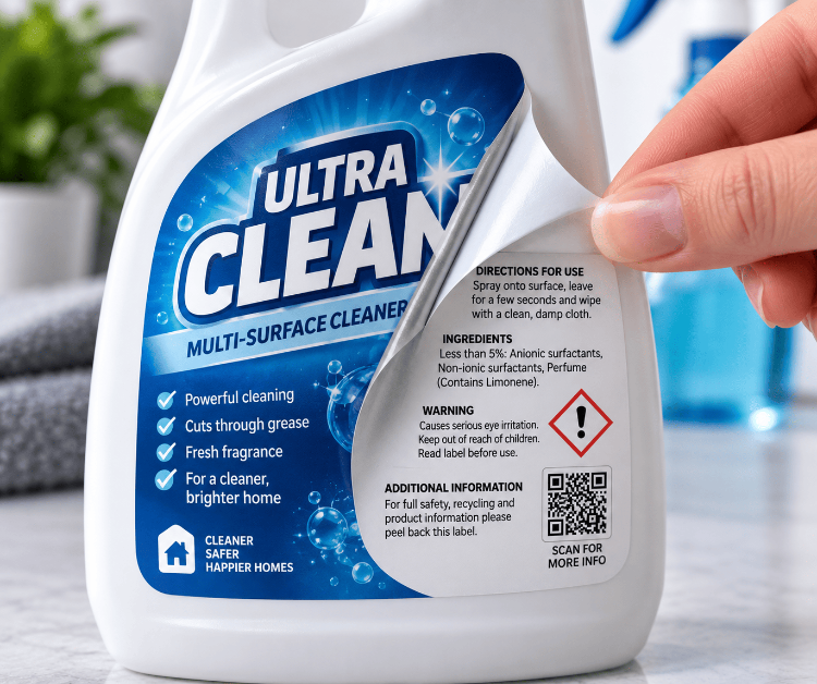 Peel and reveal labels for chemical cleaning and household products