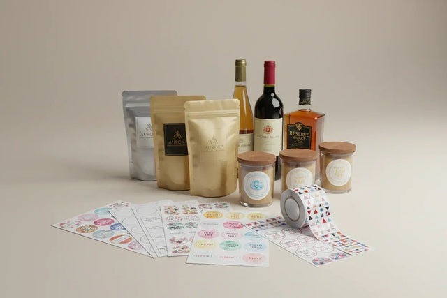 Collection of food and drink products using our custom printed labels on a neutral background