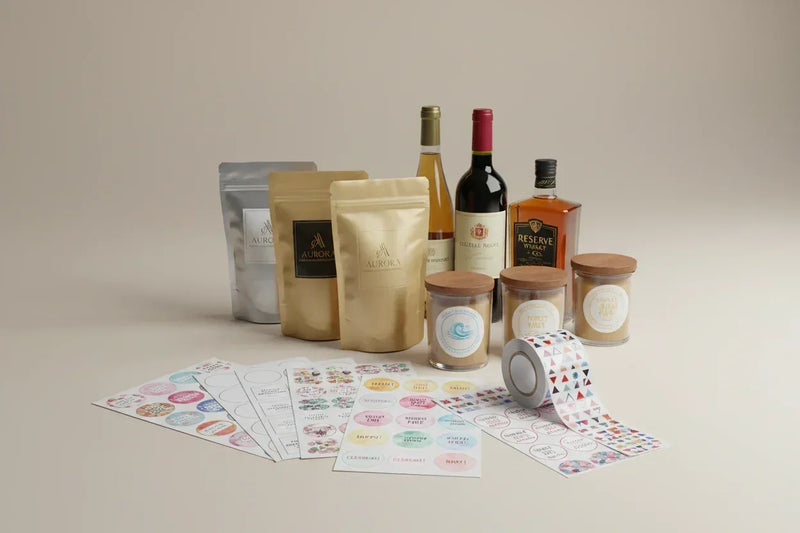 Collection of food and drink products using our custom printed labels on a neutral background