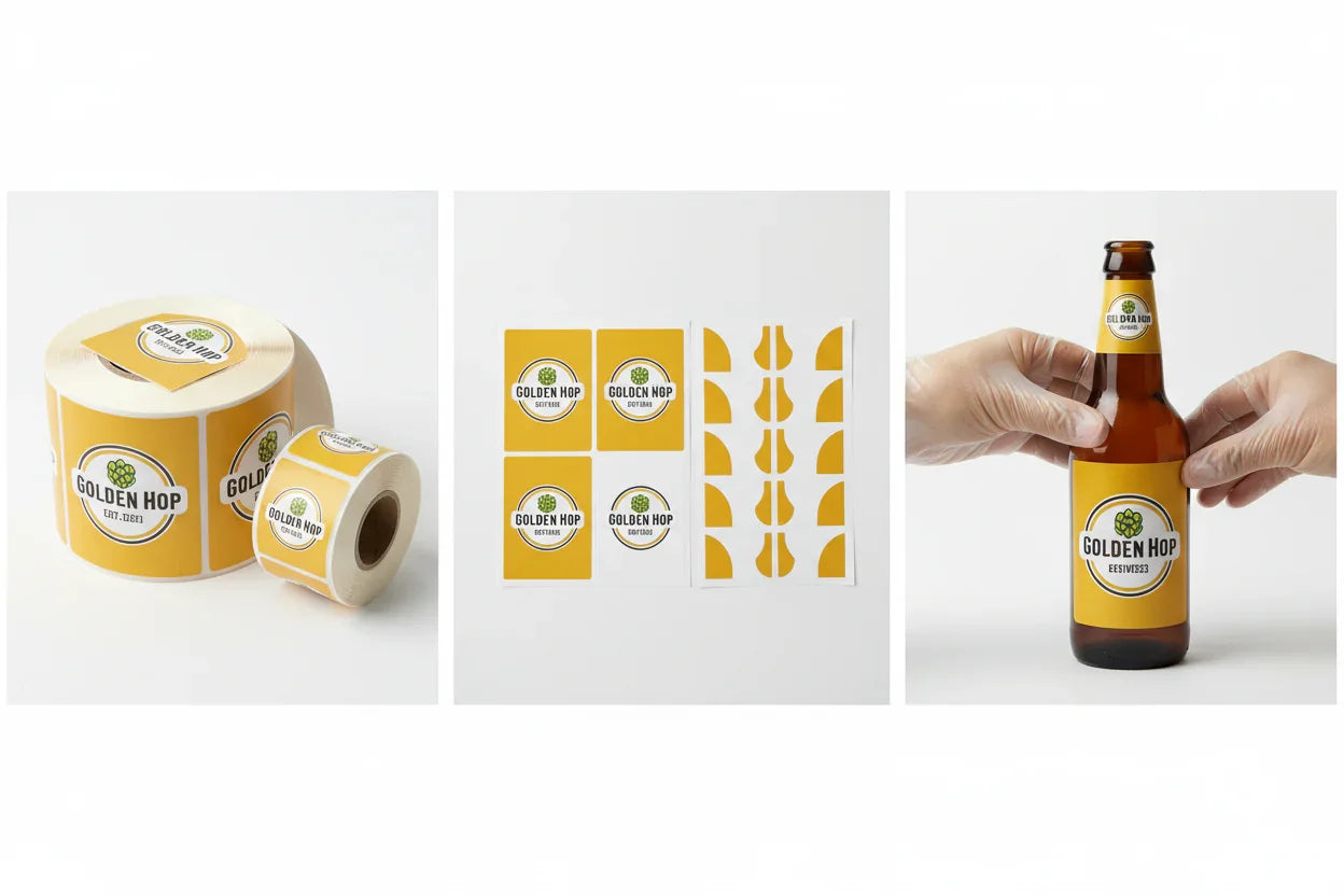 Combination image displaying wrap-around and neck beer labels on a roll, matching labels on printed sheets, and a beer bottle in the process of being labelled.