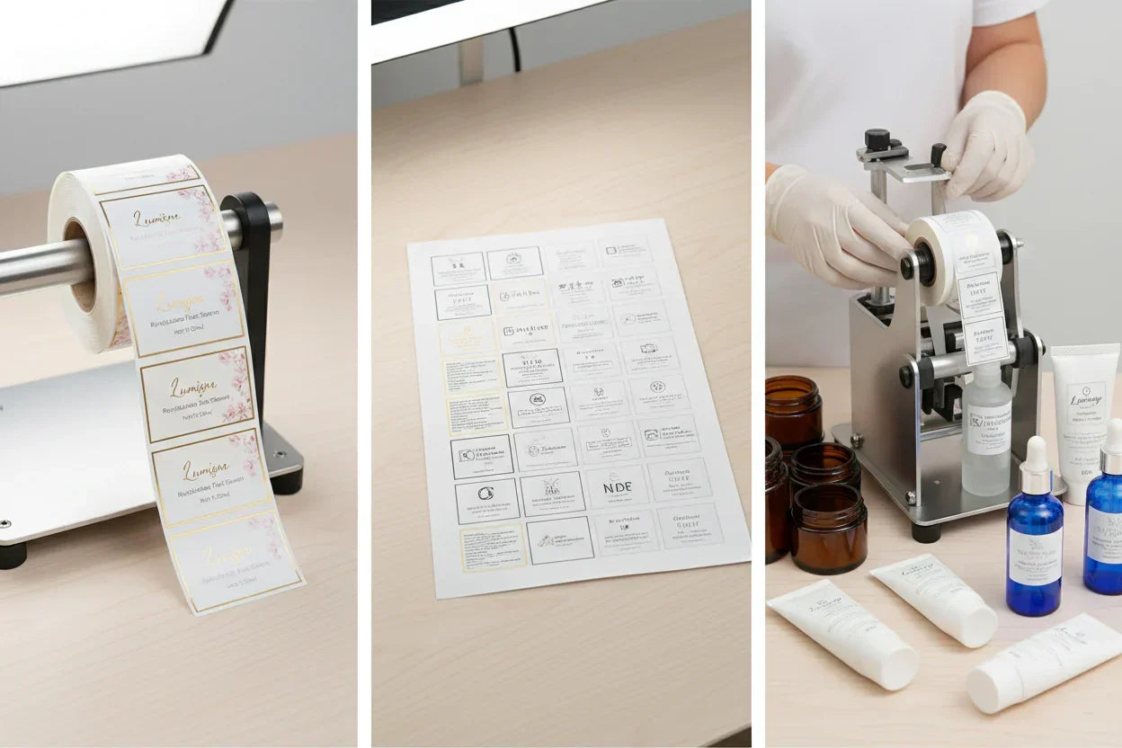“Custom printed roll labels on a reel, showing high-quality full-colour cosmetic label designs.”