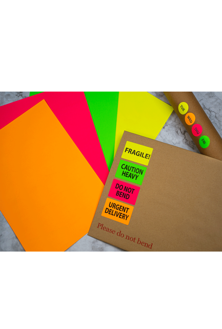Our fluorescent labels come with a strong permanent adhesive and a are available in a variety of colours: fluorescent orange, pink, green, and yellow. All of our colours are super bright neon which really stands out