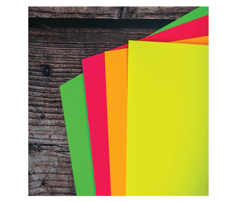 Close up image of our fluorescent coloured labels on sheets with a permanent adhesive. Yellow, Green, Orange or Pink labels