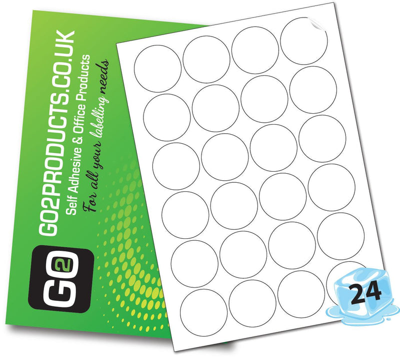 24 Matt White Round Freezer Labels per sheet, 45mm circles perfect for home, laboratory or industrial use, suitable for Inkjet & Laser printers, photocopiers or handwriting.