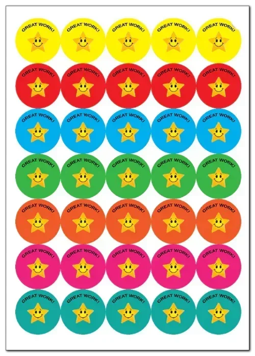 Sheet of colorful stickers with smiley faces and 'Great Work!' text on a white background