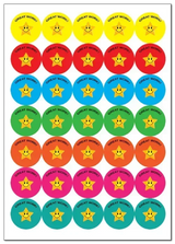 Sheet of colorful stickers with smiley faces and 'Great Work!' text on a white background