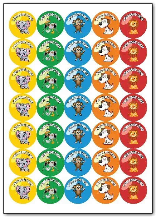 Sheet of colorful stickers with cartoon animals and text on a white background