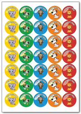 Sheet of colorful stickers with cartoon animals and text on a white background