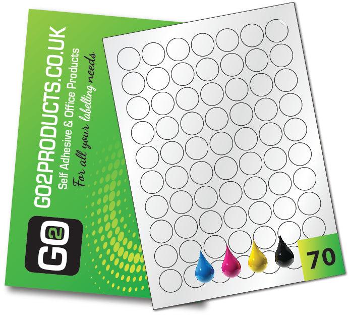 70 Gloss White Inkjet Round Labels per sheet with a Permanent adhesive, these labels are suitable for inkjet printers, photocopying and handwriting.