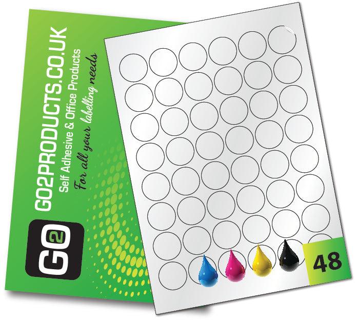 48 Gloss White Inkjet Round Labels per sheet with a Permanent adhesive, these labels are suitable for inkjet printers, photocopying and handwriting.