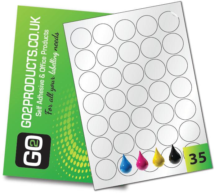 35 Gloss White Inkjet Round Labels per sheet with a Permanent adhesive, these labels are suitable for inkjet printers, photocopying and handwriting.