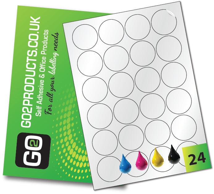 24 Gloss White Inkjet Round Labels per sheet with a Permanent adhesive, these labels are suitable for inkjet printers, photocopying and handwriting.