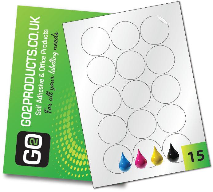 15 Gloss White Inkjet Round Labels per sheet with a Permanent adhesive, these labels are suitable for inkjet printers, photocopying and handwriting.