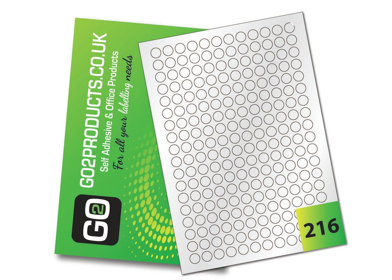216 Round Gloss white laser labels per sheet with a permanent adhesive, suitable for laser printers, photocopying or handwriting.