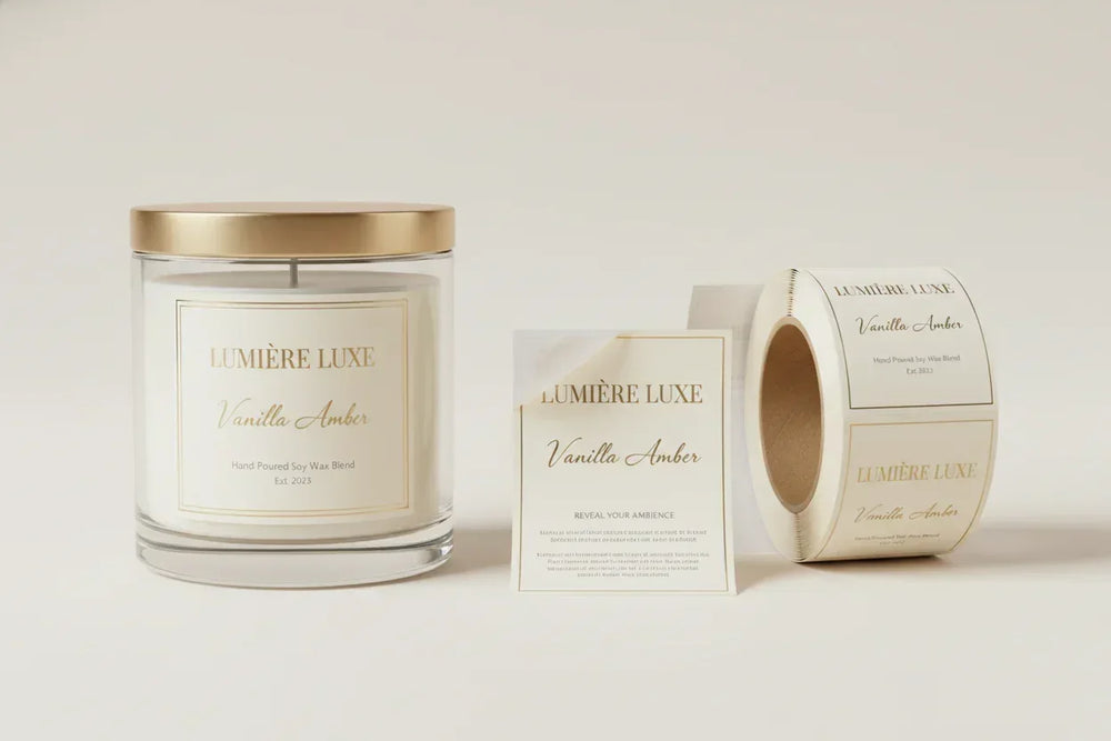 Luxury candle peel and reveal label produced by Go2Products