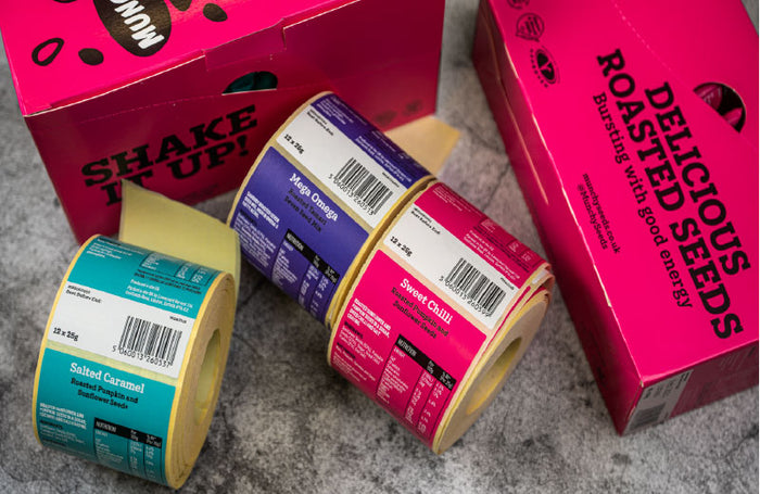 Printed roll labels, labels printed digitally on a roll, full colour and varnished - Munchy seeds labels