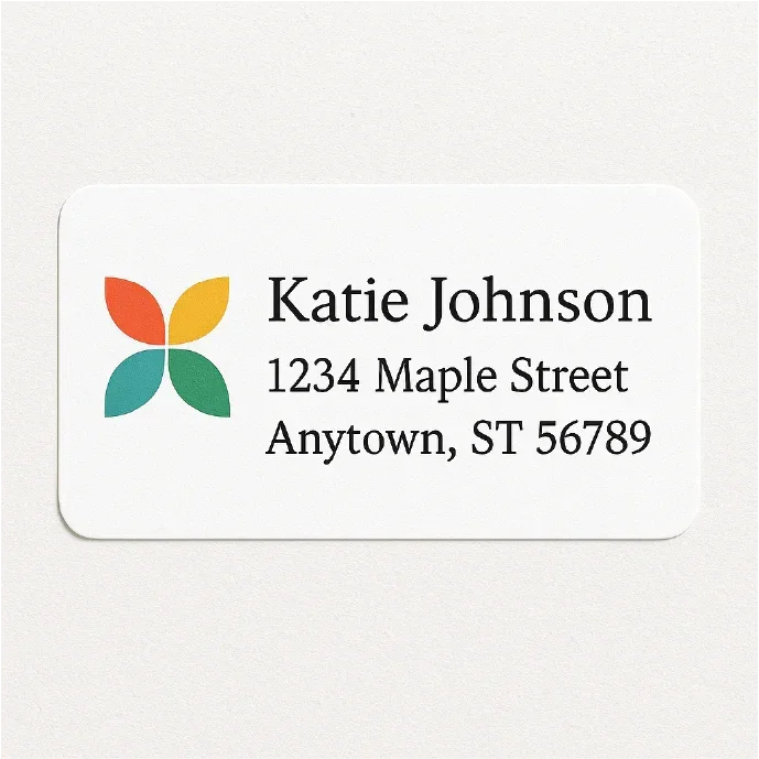 A colourful printed return address label