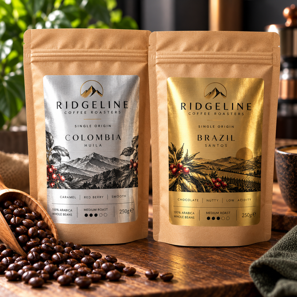 Metallic gold and silver labels on premium coffee packaging