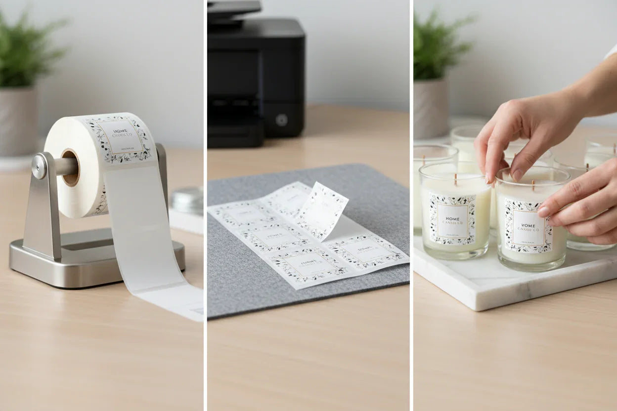 Roll of custom candle labels ready for machine or hand application.