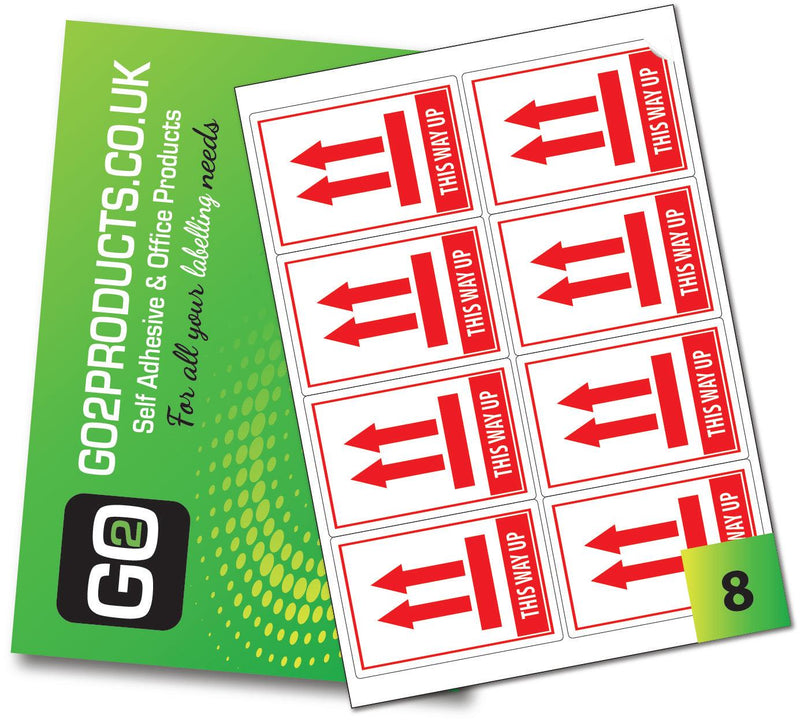 this way up labels printed red - 99mm x 68mm