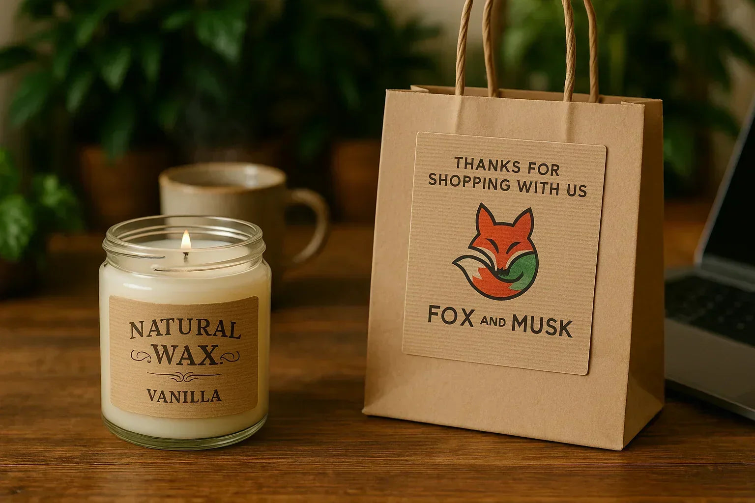 a candle and a shopping paper bag using our brown kraft labels