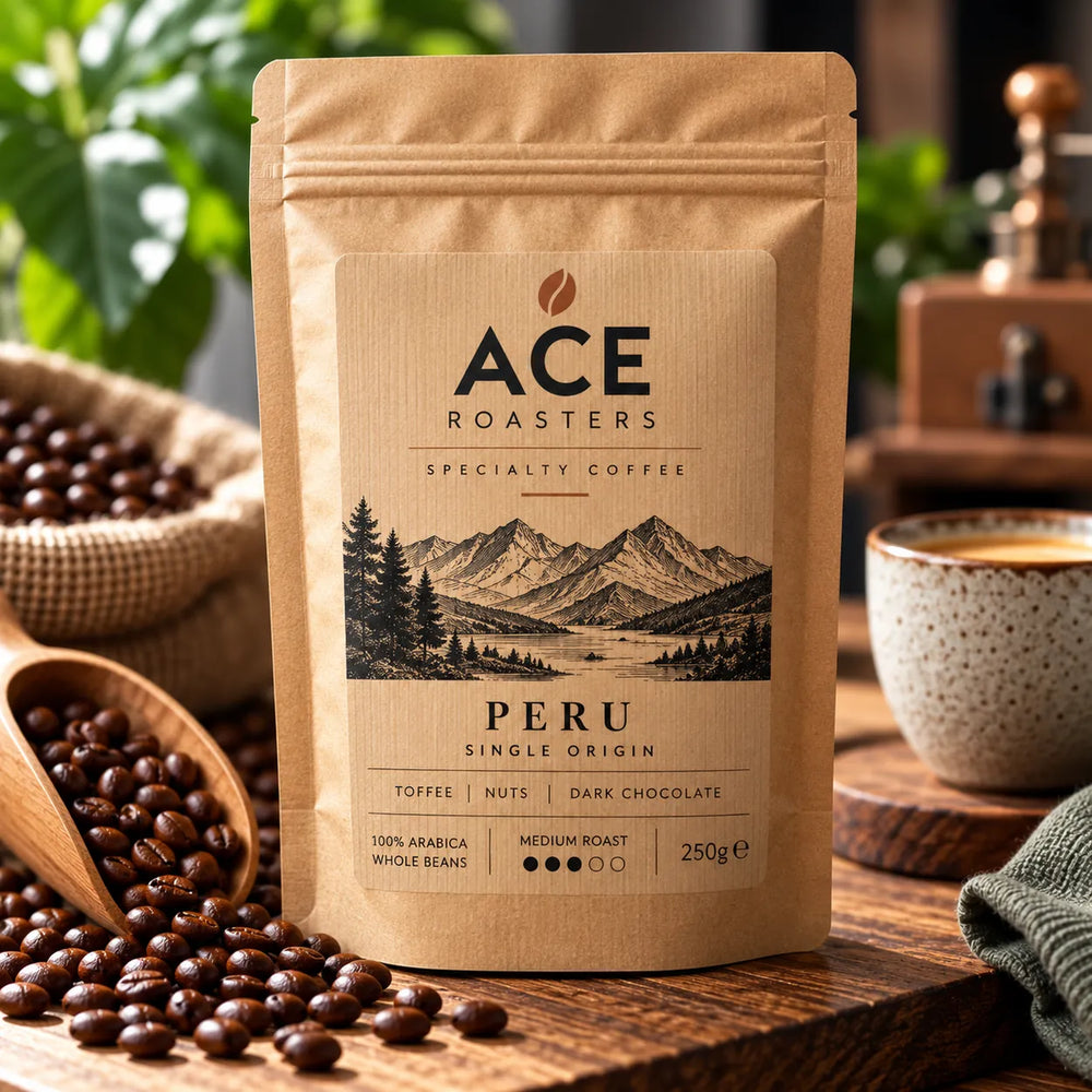 Brown kraft paper label on an artisan coffee pouch