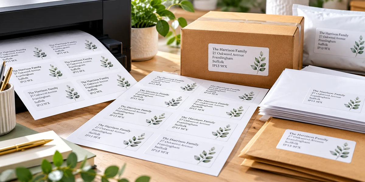 Personalised address labels printed on A4 sheets, with rectangular self-adhesive labels applied to envelopes, mailing bags and cardboard parcels.