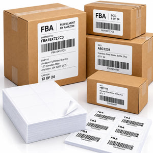 Amazon FBA shipping labels on cardboard boxes with barcodes, alongside blank A4 label sheets and printed barcode labels for fulfilment packaging.