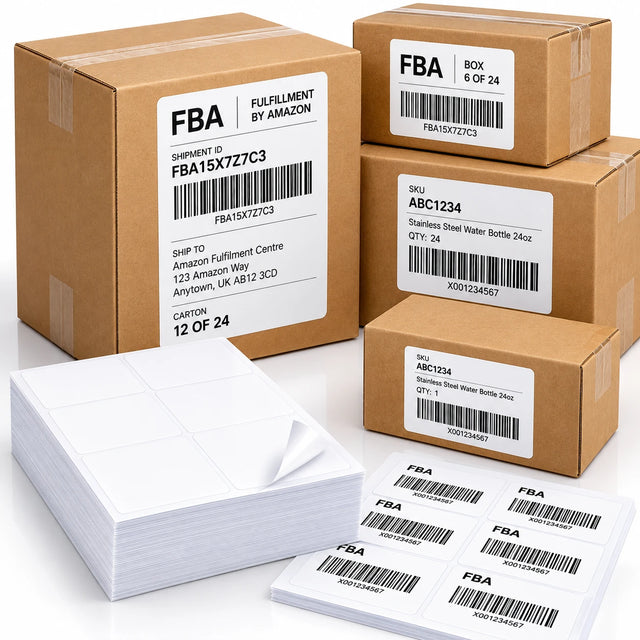 Amazon FBA shipping labels on cardboard boxes with barcodes, alongside blank A4 label sheets and printed barcode labels for fulfilment packaging.