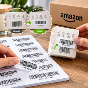 Applying an Amazon FNSKU barcode label from a printed A4 label sheet onto retail packaging, covering the original product barcode for Amazon FBA fulfilment.